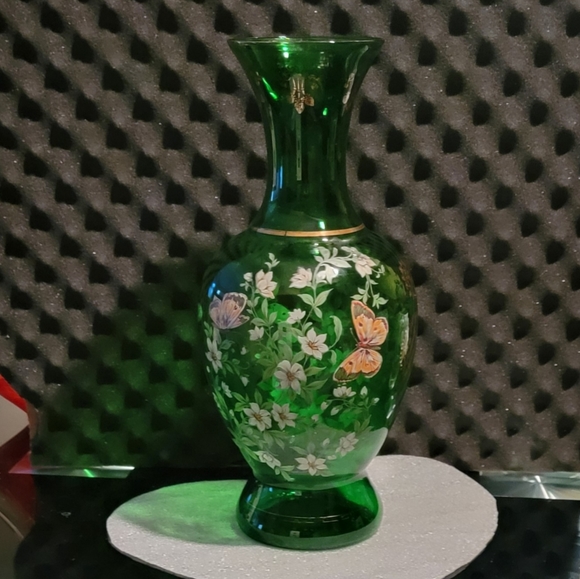 VINTAGE NORLEANS ITALIAN MADE FLORAL/BUTTERFLIES HANDPAINTED GREEN VASE 16" Tall - Picture 2 of 7